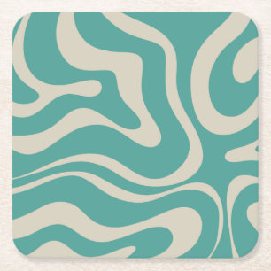 Retro Liquid Swirl Abstrakt Mönster Teal Beige Underlägg Papper Kvadrat