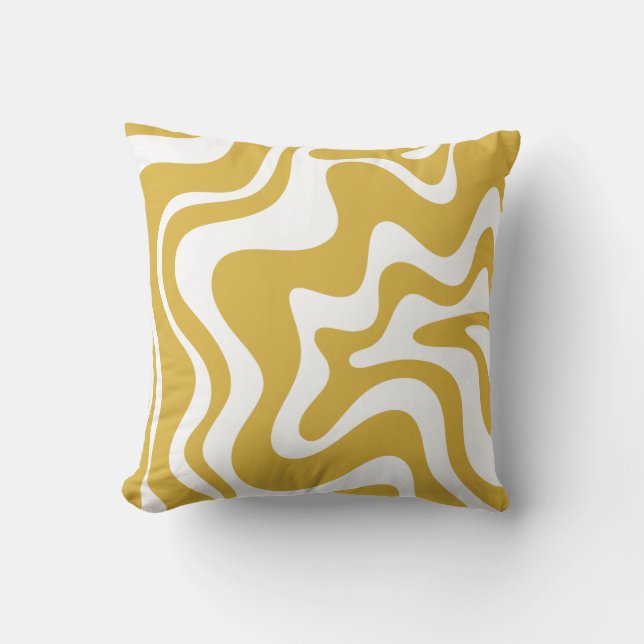 Retro Liquid Swirl Abstrakt Mustard and White Kudde (Framsida)