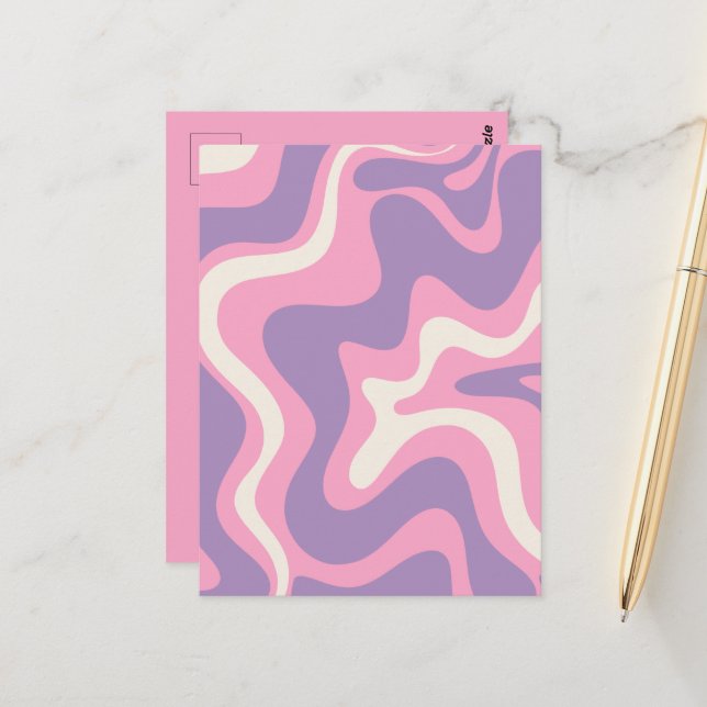 Retro Liquid Swirl Groovy Abstrakt Lila Rosa Vykort (Fram/Back In Situ)