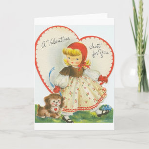 Retro liten flicka- och valpvalentin kort för dag