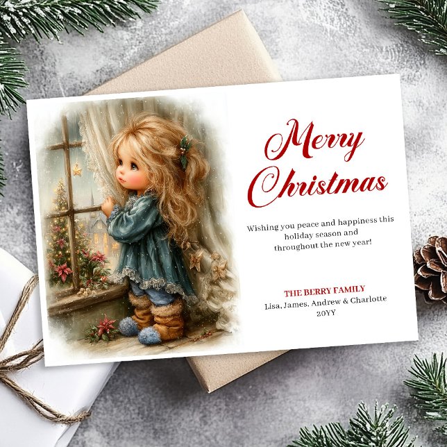 Retro little girl awaiting Santa digital Christmas Julkort (Retro little girl awaiting Santa digital Christmas greeting

)