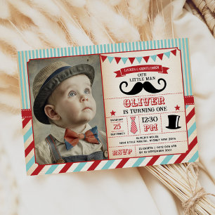Retro Little Man Mustache 1:a Birthday Boy Photo Inbjudningar