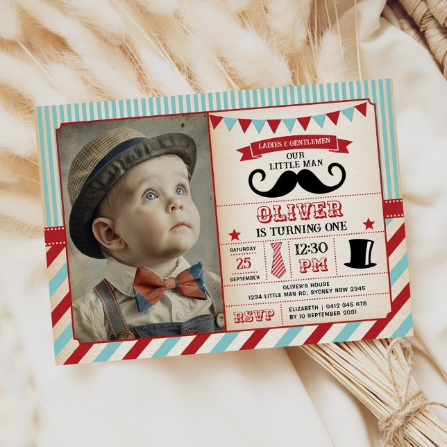 Retro Little Man Mustache 1:a Birthday Boy Photo Inbjudningar (Skapare uppladdad)