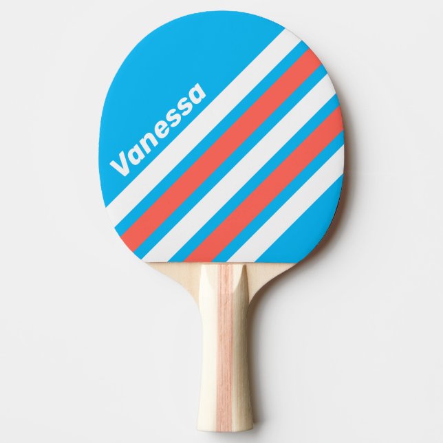 Retro Ljus Himmelblå Diagonal Randig med Namn Pingisracket (Framsidan)