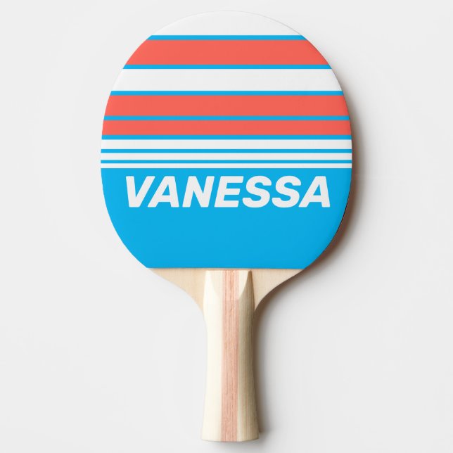 Retro Ljus Himmelblå Horisontell Randig med Namn Pingisracket (Framsidan)