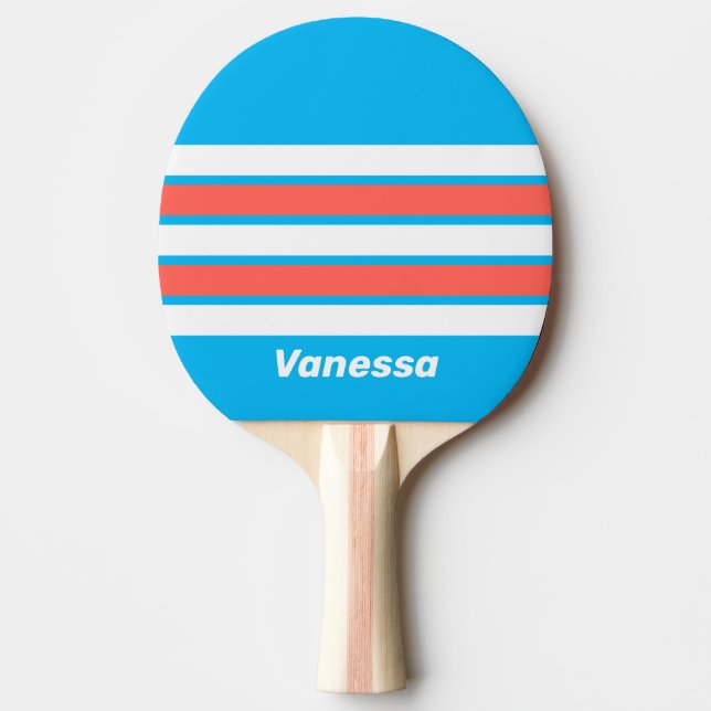 Retro Ljus Himmelblå Tvärgående Rand med Namn Pingisracket (Framsidan)