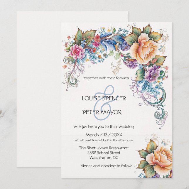 Retro, ljusblått och persikoblommor Bröllop Invita Inbjudningar (Fram/baksida)