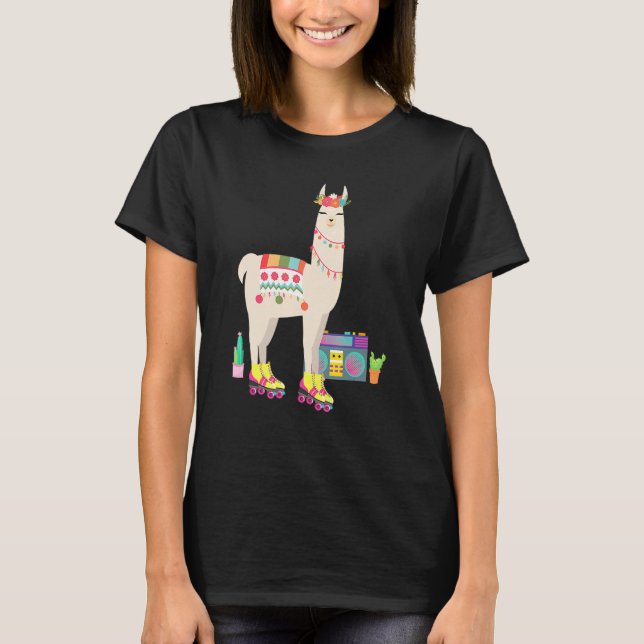 Retro Llama Roller Skate Derby 70s 80s T Shirt (Framsida)