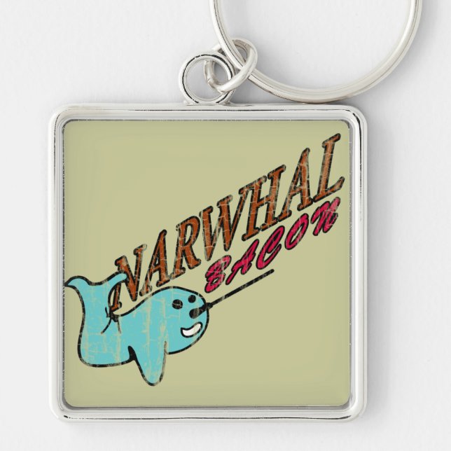 Retro logotyp för Narwhal bacon Fyrkantig Silverfärgad Nyckelring (Framsidan)