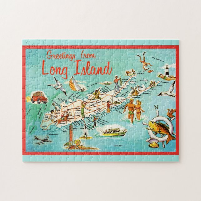 Retro Long Island Karta Jigszle Puzzle Pussel (Horisontell)