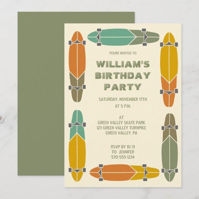 Retro Longboard Skateboard Skateboarding Birthday Inbjudningar (Fram/baksida)