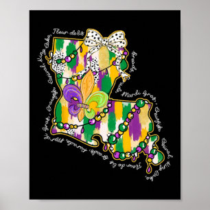 Retro Louisiana Karta Mardi Gras Coquette Bow Tjoc Poster