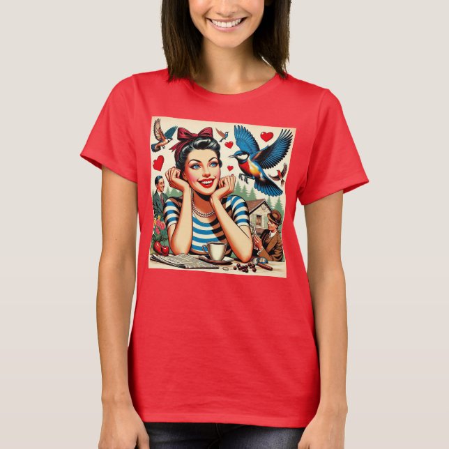 Retro Love Birds  T Shirt (Framsida)