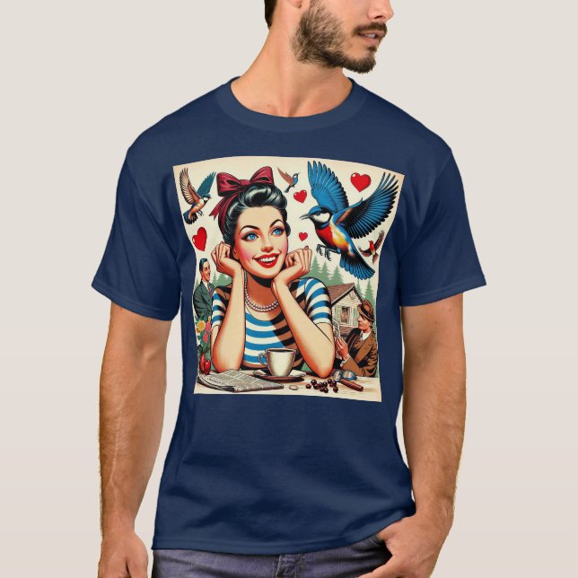 Retro Love Birds  T Shirt (Framsida)