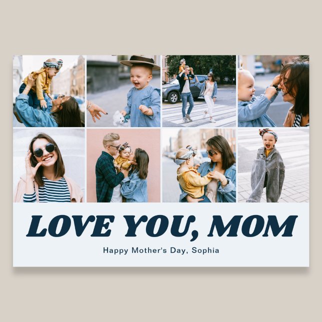 Retro Love You Mom 12 Photo Collage Blue Julkort (Skapare uppladdad)