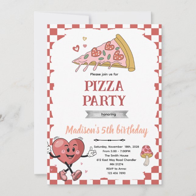 Retro love you two pizza invitation inbjudningar (Framsida)