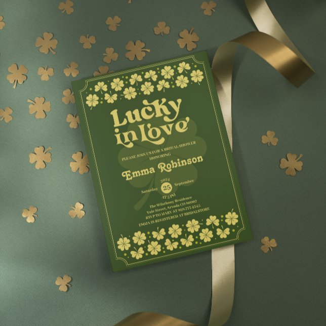 Retro Lucky in Love St Patrick's Day Bröllopsdusch Inbjudningar ( retro st patrick's day bridal shower watercolor lucky in love clover shamrock bride green irish)