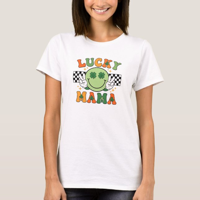 Retro Lucky Mama Smiley Face Shamrock Art T Shirt (Framsida)