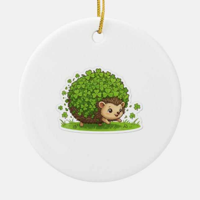 Retro Lucky Shamrock Hedgehog St. Patrick's Day Julgransprydnad Keramik (Framsidan)