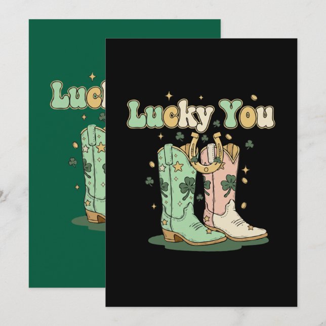 Retro Lucky You Cowboy Stövlar St. Patrick's Day  Inbjudningar (Fram/baksida)