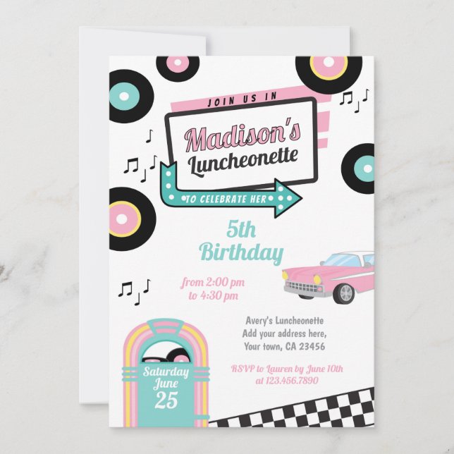 Retro Luncheonette Diner Partygästlista Inbjudningar (Framsida)