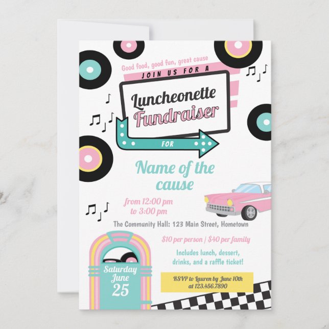 Retro Luncheonette Fundraiser Inbjudningar (Framsida)