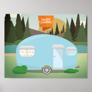 Retro Lycklig Camping, Vintage Camper Poster
