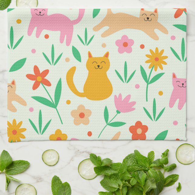 Retro Lycklig Cats med Orange Red och persikoblomm Kökshandduk (Vikta)