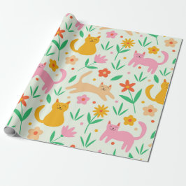 Retro Lycklig Cats med Orange Red och persikoblomm Presentpapper