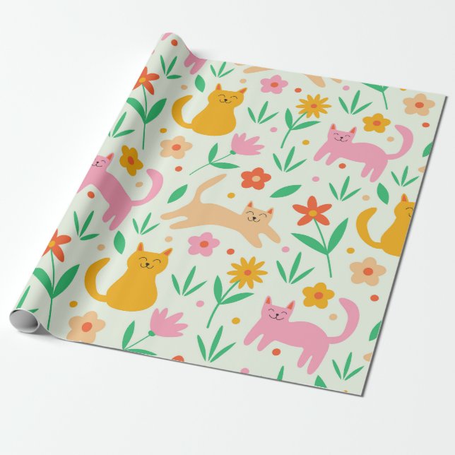 Retro Lycklig Cats med Orange Red och persikoblomm Presentpapper (Utrullad)
