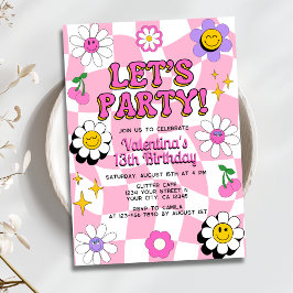 Retro Lycklig Smile Ansikte Rosa Kontrollerad föde Inbjudningar