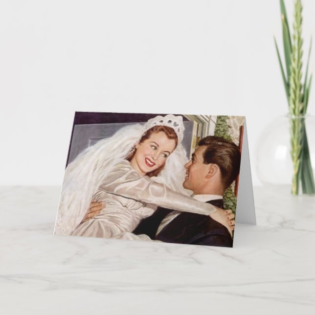 Retro lyckligt upprymt bröllop kopplar ihop tack kort (Framsida)