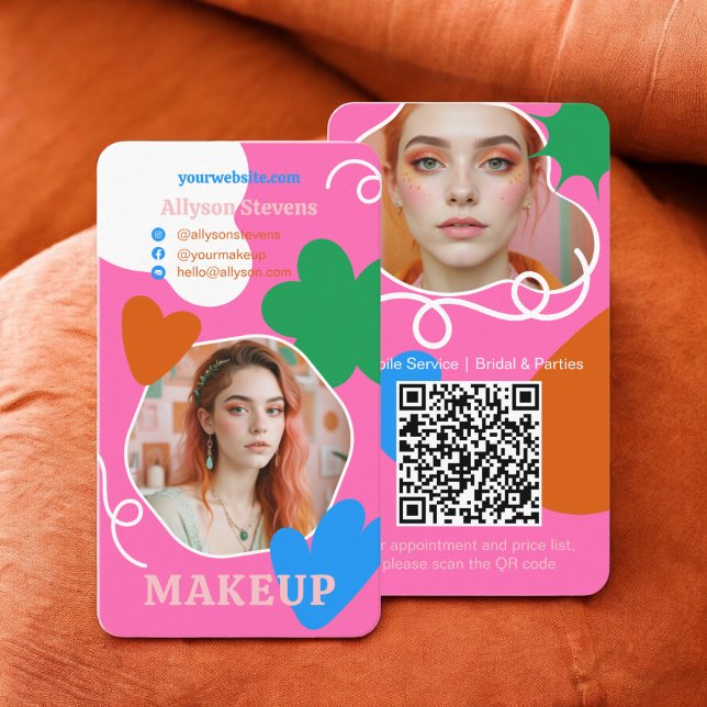 Retro Makeup-skönhetsformer för foto qr-kodens ros Visitkort (Retro Makeup beauty shapes photo qr code pink Business Card)