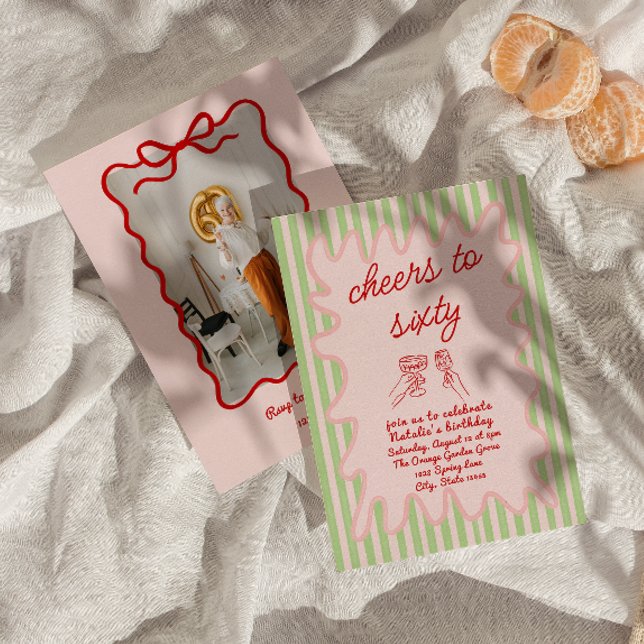 Retro målade 60:e Rosa Red Rand Photo Birthday Inbjudningar (Skapare uppladdad)