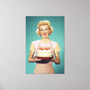 Retro Mamma Holding a Firande Cake Canvastryck