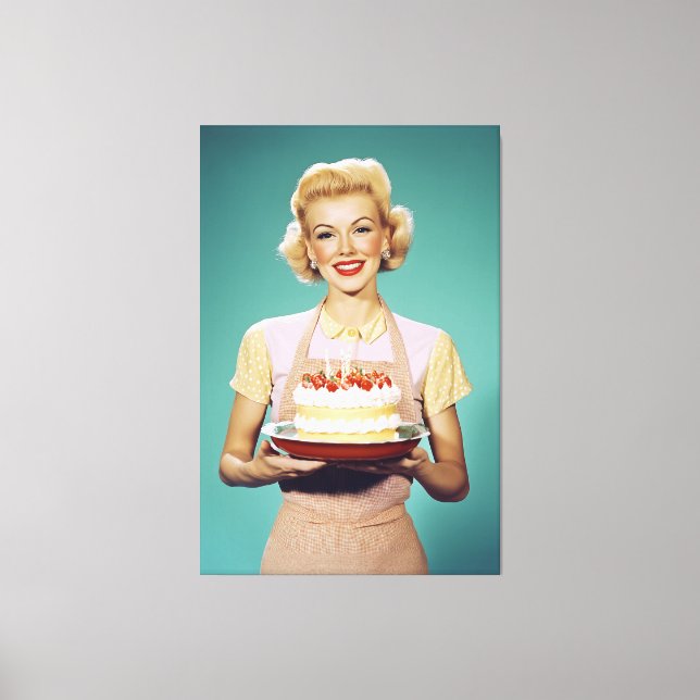 Retro Mamma Holding a Firande Cake Canvastryck (Framsida)