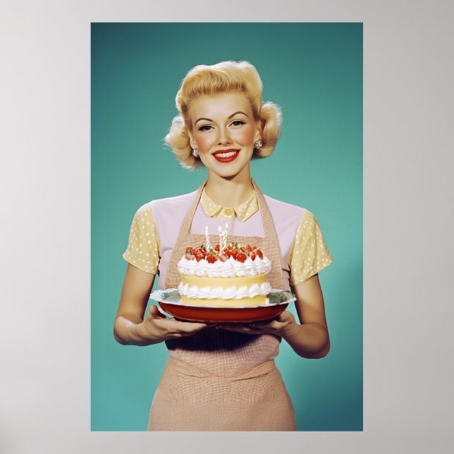 Retro Mamma Holding a Firande Cake Poster (Framsidan)