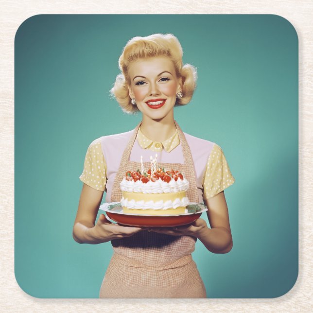 Retro Mamma Holding a Firande Cake Underlägg Papper Kvadrat (Framsidan)