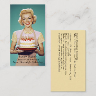 Retro Mamma Holding a Firande Cake Visitkort
