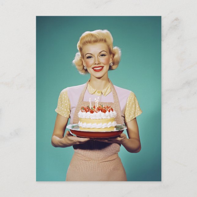 Retro Mamma Holding a Firande Cake Vykort (Framsida)