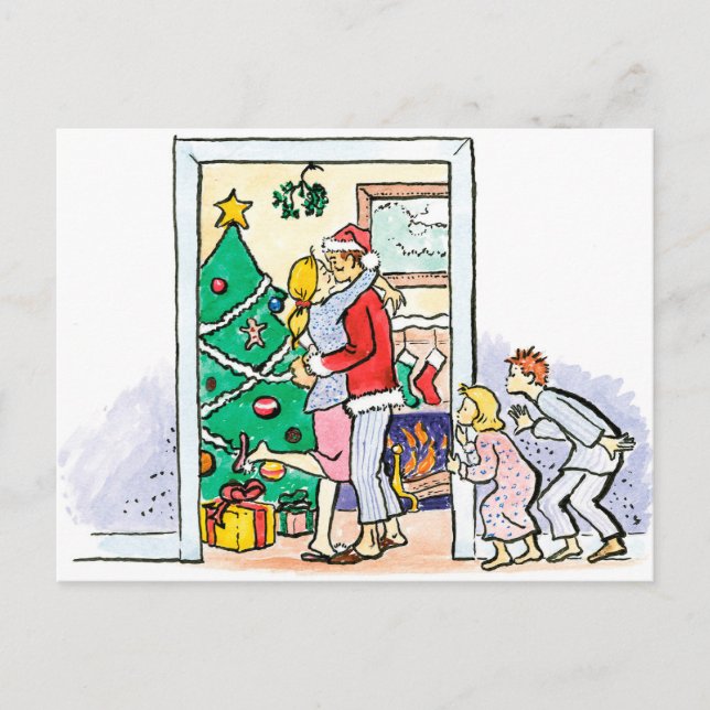 Retro Mamma Kissing Jultomten Helg Vykort (Framsida)