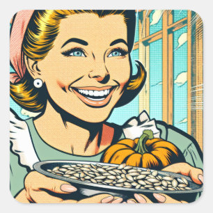 Retro Mamma med brickan Pumpkin Seeds Halloween Fyrkantigt Klistermärke