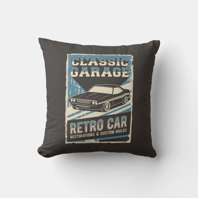 Retro Man Cave Classic Automotive-Car Garage Throw Kudde (Framsida)