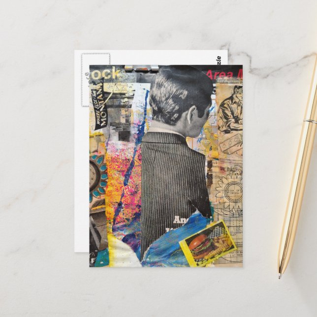 Retro man som arbetar Mixed media collage Vykort (Fram/Back In Situ)