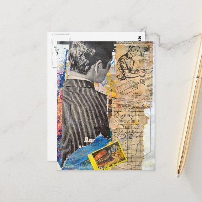 Retro man som arbetar Mixed media collage Vykort (Fram/Back In Situ)