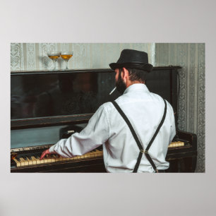 Retro-man som spelar piano och röker poster