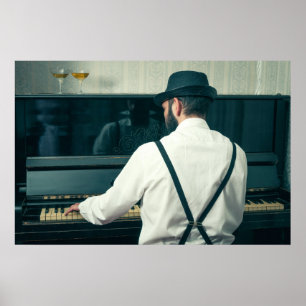 Retro-man som spelar piano och röker poster