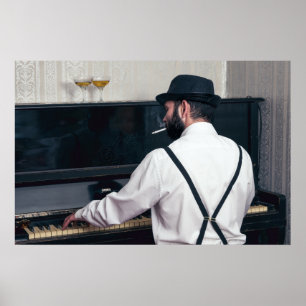 Retro-man som spelar piano och röker poster