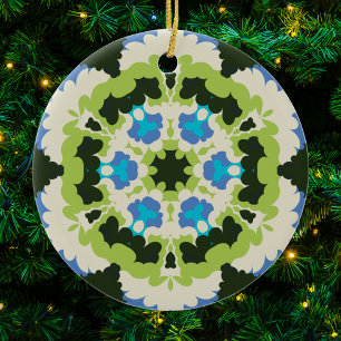 Retro Mandala Blue Grönt White and Black Julgransprydnad Keramik