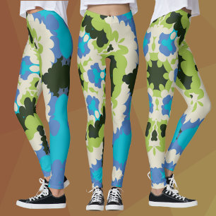 Retro Mandala Blue Grönt White and Black Leggings